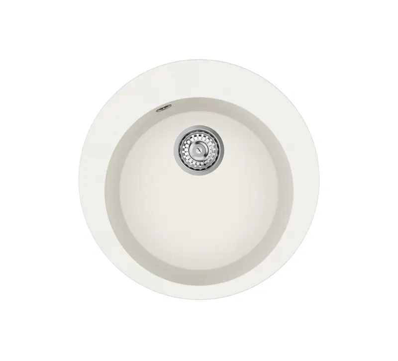 AquaGranite Lago Pia redonda de granito branco de sobrepor 505 mm com tampa de aço inoxidável e 1 furo para torneira 1208970689