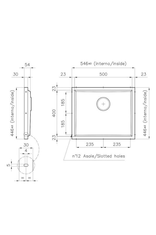 Foster Phantom Base Stainless Steel Base Plate Worktop Sink 50x40cm for Installation in Ceramic, Natural Stone, and Solid Surface, Thickness 20mm 1208970717