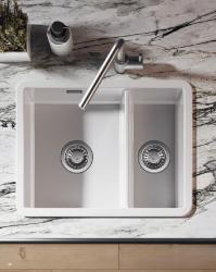 Ausmann Ceramic Ember Pia de Cerâmica Branca de Uma e Meia Cuba para Montagem de Sobrepor e Embutir 535 x 400 mm com Válvulas de Aço Inoxidável 1208970735