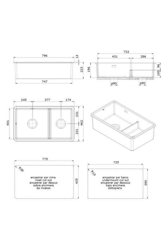 Ausmann Ceramic Ember Ceramic White One and a Half Bowl Sink Top Mount and Undermount 733 x 401 mm with Stainless Steel Plugs 1208970737