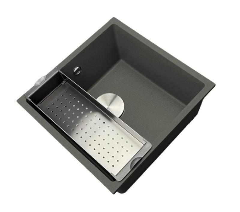 GraniteMy Universal Granito Cinza Escuro, Pia 40x40 cm Montagem Superior, Inferior e de Embutir com Plug de Aço Inoxidável 1208970742