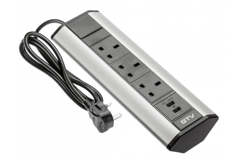 Cabo de extensão de mesa com 3 tomadas UK angulares, 2xUSB 2.1A 5V (prata) VERSÃO INGLESA