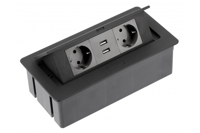 Cabo de extensão para secretária SOFT 2x tomada Schuko, USB 2.1A, cabo de alimentação com ficha, preto