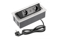 Tomada de móveis SUAVE 2x com aterramento, USB A+C, cabo de alimentação com plugue, alumínio.