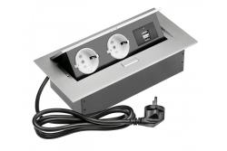 Cabo de extensão de mesa 2x Tomada Schuko, 2x USB, cabo de alimentação com plugue, alumínio