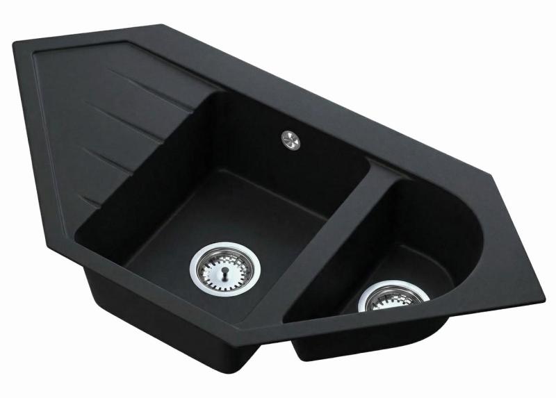Graniteland Amiata Granite Black Corner Sink, surface-mounted, 955x489mm, with stainless steel plug 1208971120