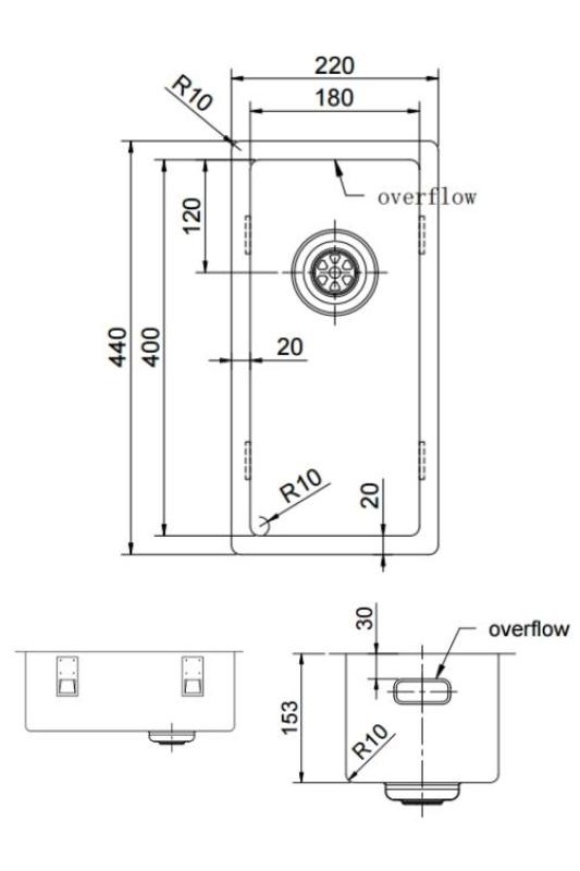 Pure.Sink Exclusivo small stainless steel sink 18x40 cm 10mm radius undermount, flush mount and top mount PEX1840-02