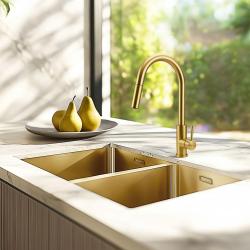 Pure.Sink Prestige Pia Dupla Dourada 70x40 cm raio de 10mm para embutir, montagem plana e montagem superior PPG343440-60