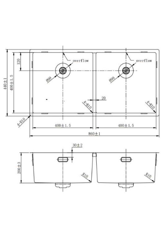 Pure.Sink Prestige Pia Dupla em Aço Inoxidável 82x40 cm, raio de 10mm para embutir, instalação plana e sobrepor PPG404040-02