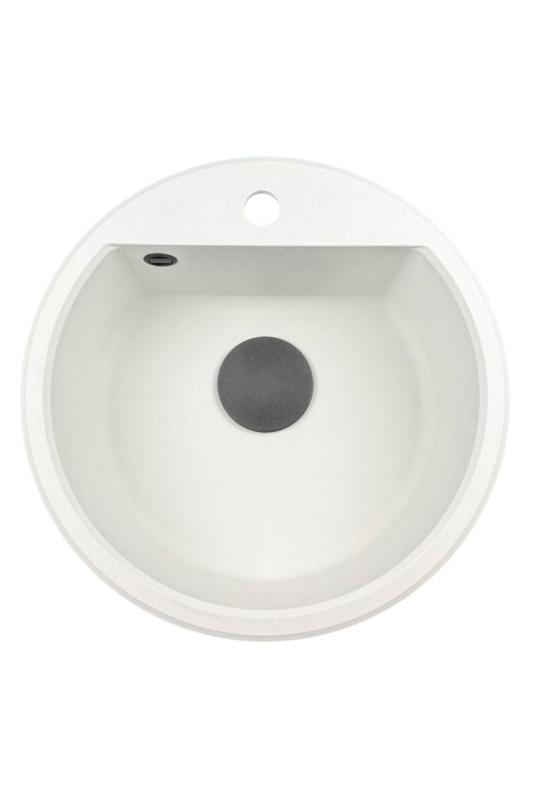 GraniteMy Bremen round granite sink 43 cm white top mount and undermount with faucet hole bench with black plug 1208971312