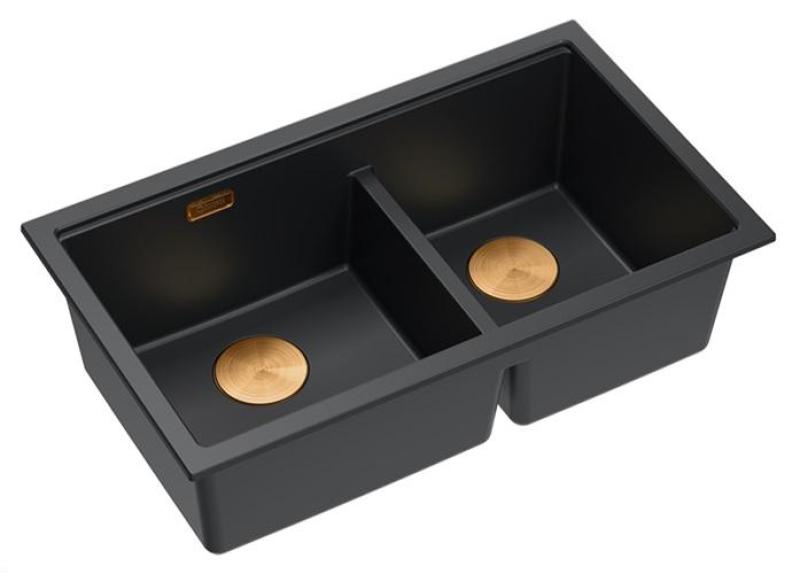 Quadri Newport II Double Black Granite Built-in Sink 76x45 cm with Copper Plug 1208971361