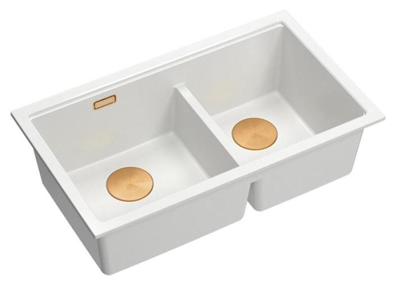 Quadri Newport II Pia Dupla de Granito Branco Embutida 702 x 390 mm com Plugue de Cobre 1208971373