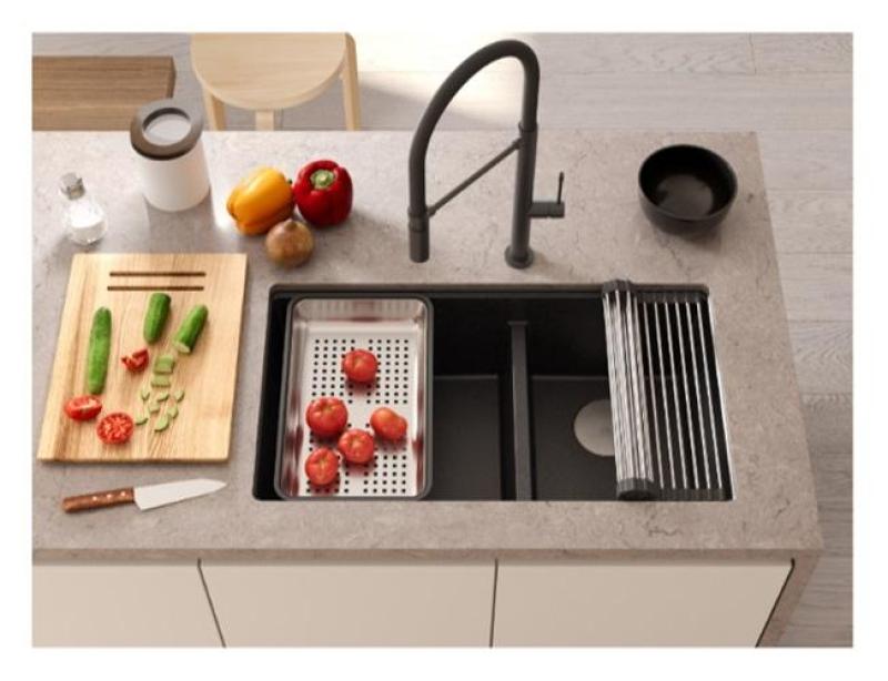 Quadri Newport II Pia Dupla de Granito Branco Embutida 702 x 390 mm com Plugue de Cobre 1208971373