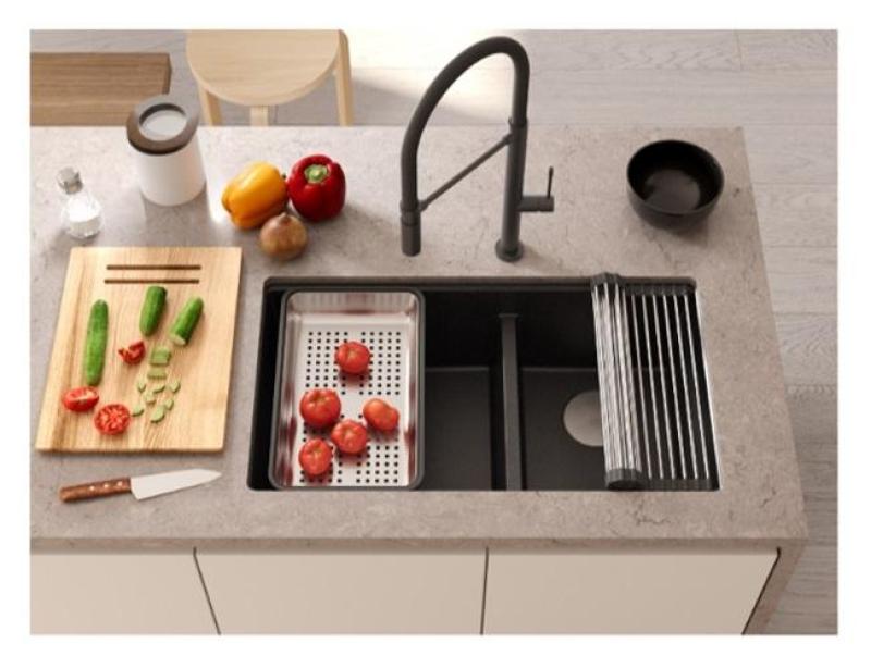 Quadri Newport II Pia dupla de granito antracite embutida 702 x 390 mm com plug de cobre 1208971374