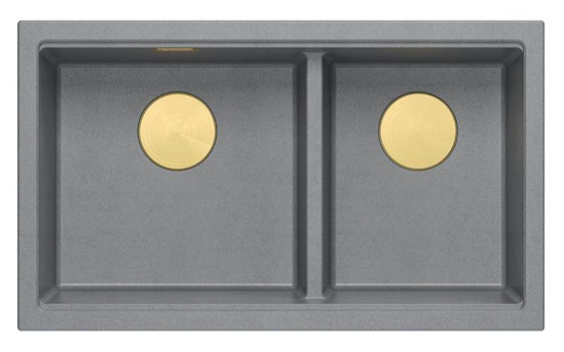 Quadri Newport II Pia Dupla de Granito Cinza Embutida 702 x 390 mm com Plugue Dourado 1208971380