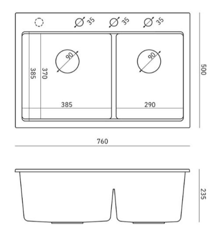 Quadri Hard Rock Double Taupe Granite Built-in Sink 76x50 cm with Copper Plug and Accessories 1208971391