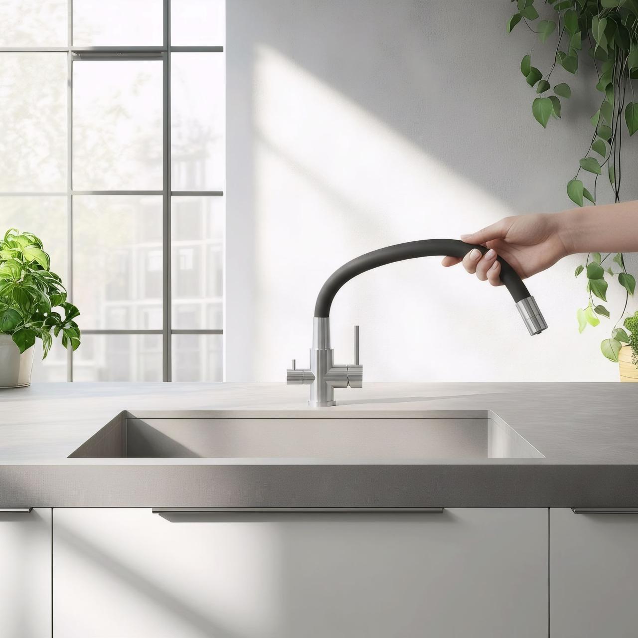 Torneira de Cozinha Quadri Selene RVS 3-vias com bico flexível e conexão extra para água filtrada 1208971407