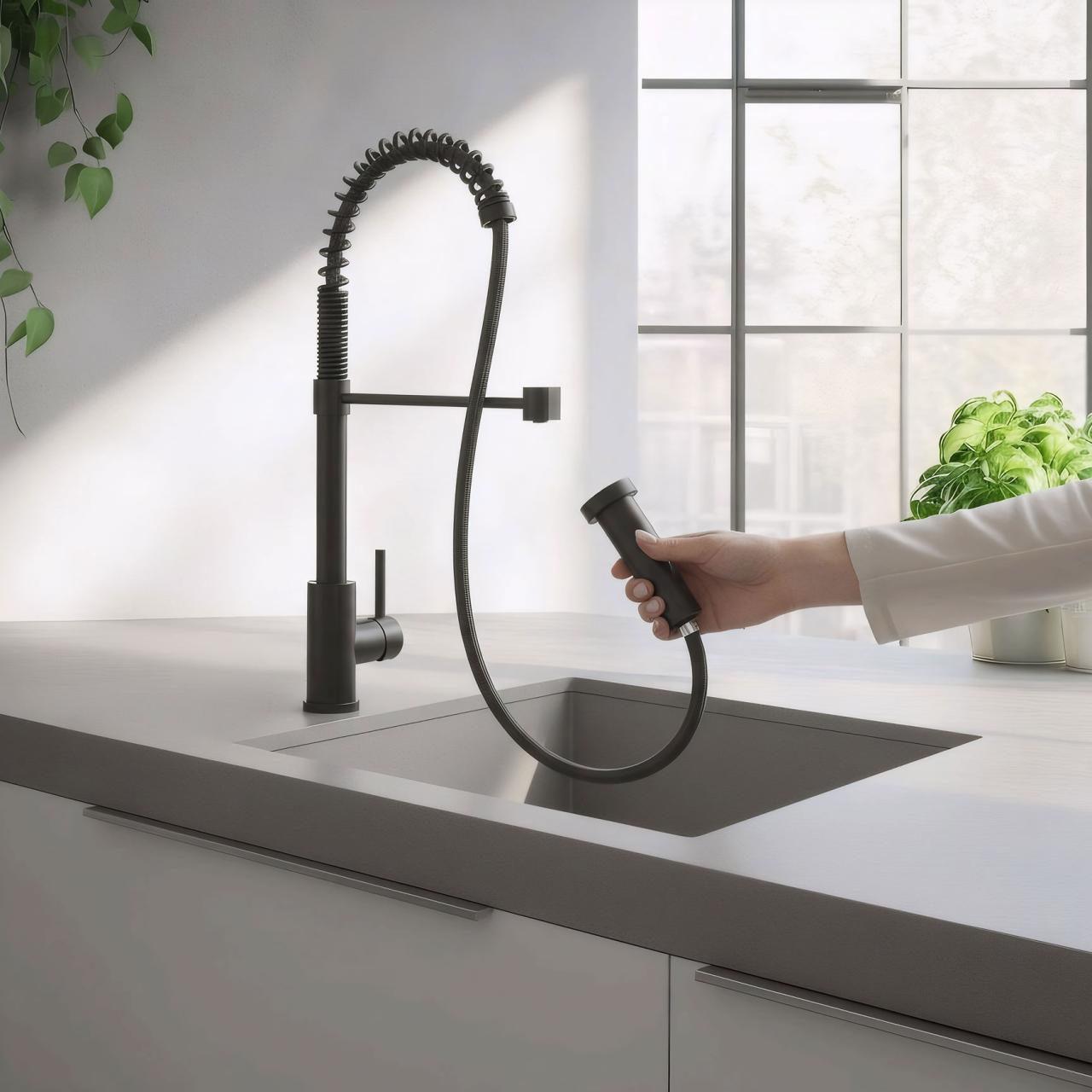 Torneira de cozinha Quadri Redwick preta com bico semi-flexível e chuveiro com 2 tipos de jato mais função de parada de água 1208971410