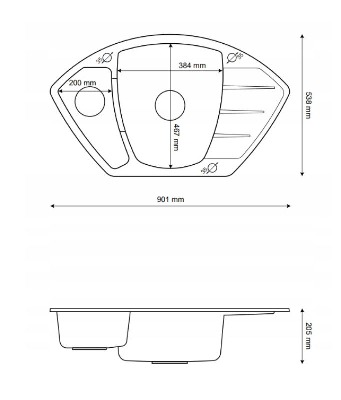 Graniteland Monte Granite White Corner Sink Top Mount 901x538mm with Stainless Steel Plug 1208971415