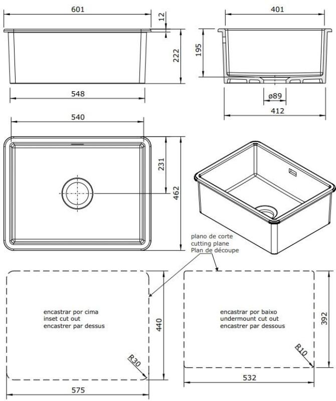 Ausmann Ceramic Ember Ceramic Mat Black Sink - Top Mount and Undermount 54 x 40 cm with Gun Metal Plug 1208971498