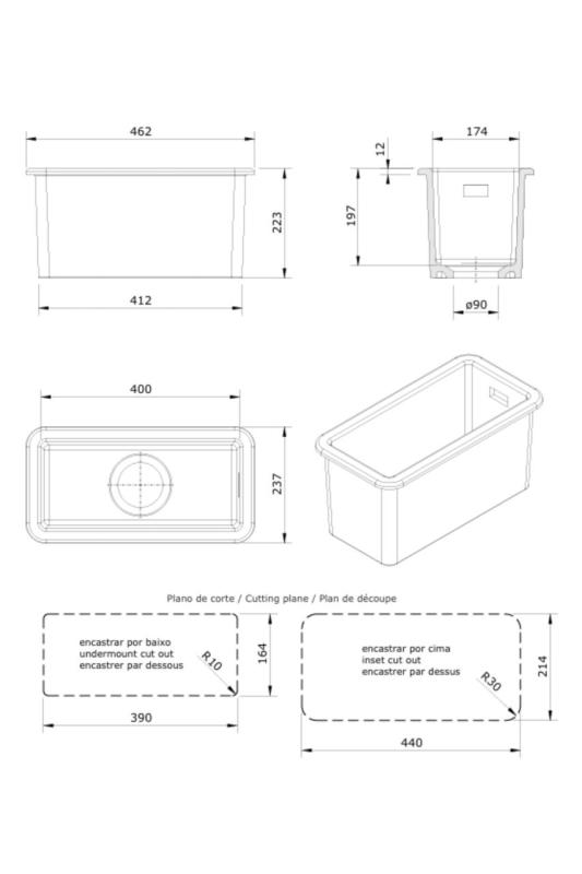 Ausmann Ceramic Ember Ceramic White Half Sink Top Mount and Undermount 174 x 400 mm with Black Plug 1208971504