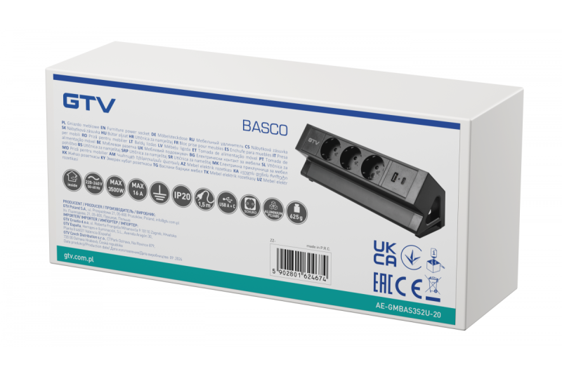 Tomada para móveis BASCO, 3xSHUKO, USB A+C, cabo 1,5 m, preto