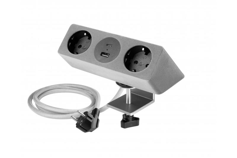 Tomada para móveis SOFITO, 2xSHUKO, USB A+C, cabo 1,5 m, cinza flock.