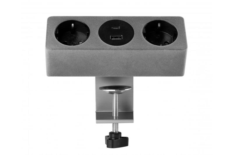 Tomada para móveis SOFITO, 2xSHUKO, USB A+C, cabo 1,5 m, cinza flock.