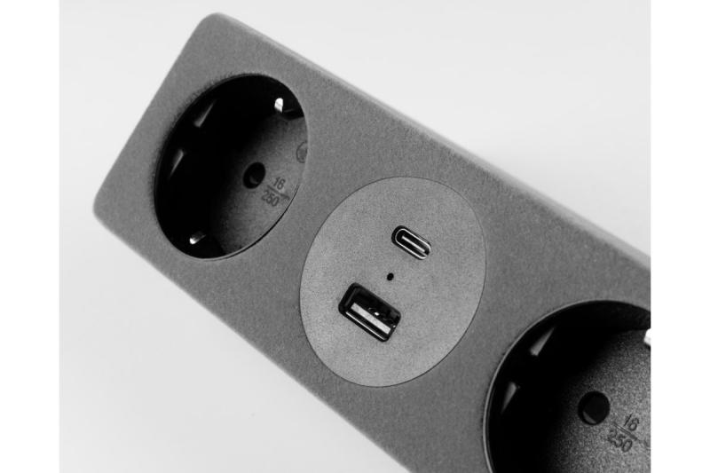 Tomada para móveis SOFITO, 2xSHUKO, USB A+C, cabo 1,5 m, cinza flock.