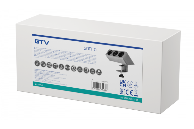 Tomada para móveis SOFITO, 2xSHUKO, USB A+C, cabo 1,5 m, cinza flock.