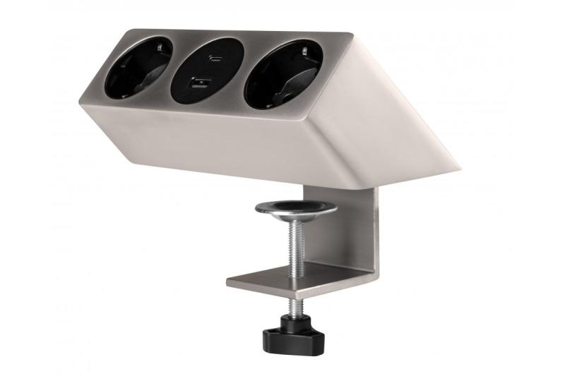 Tomada de móveis SOFITO, 2xSHUKO, USB A+C, cabo 1,5 m, aço inoxidável