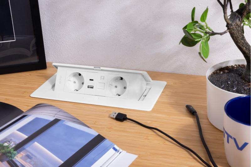 Tomada de móveis MULTISOFT, 2xSCHUKO, USB A+C, RJ45, cabo 1,5 m, branco