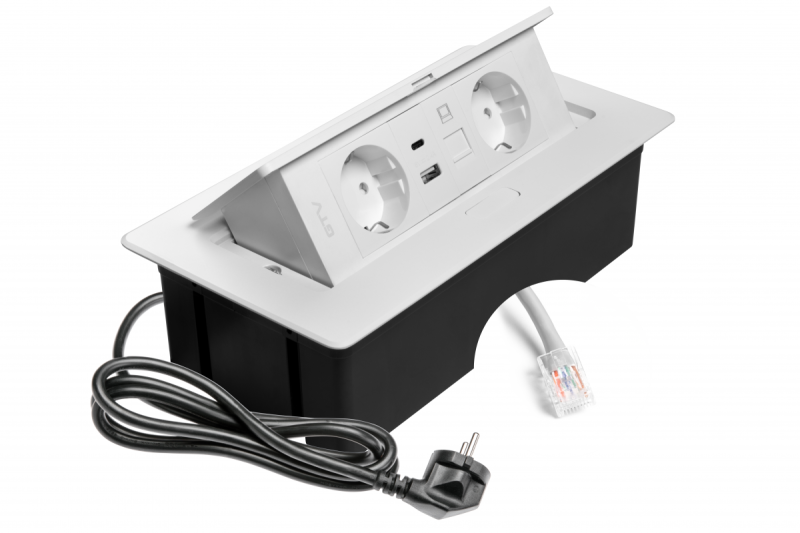 Tomada de móveis MULTISOFT, 2xSCHUKO, USB A+C, RJ45, cabo 1,5 m, branco