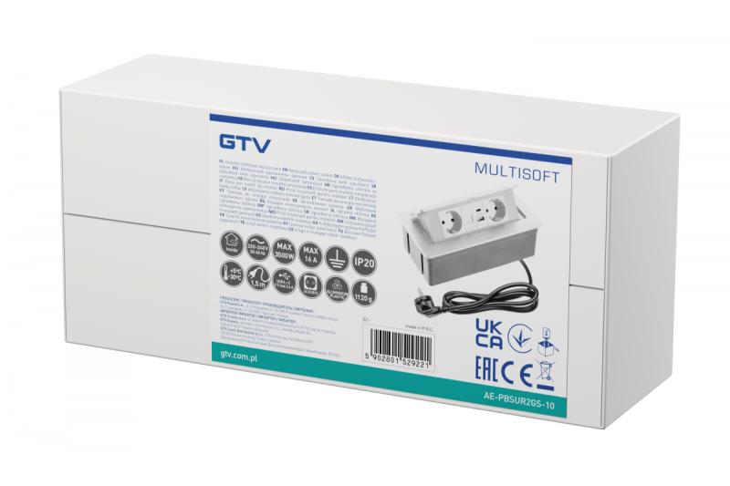 Tomada de móveis MULTISOFT, 2xSCHUKO, USB A+C, RJ45, cabo 1,5 m, branco