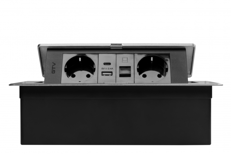 Tomada para móveis MULTISOFT, 2xSCHUKO, USB A+C, RJ45, cabo 1,5 m, alumínio