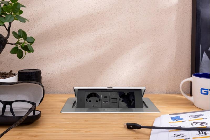 Tomada para móveis MULTISOFT, 2xSCHUKO, USB A+C, RJ45, cabo 1,5 m, alumínio