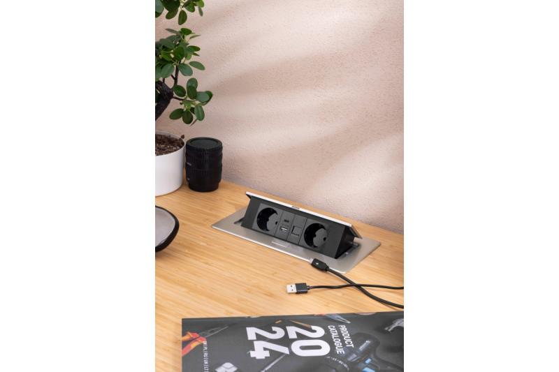 Tomada para móveis MULTISOFT, 2xSCHUKO, USB A+C, RJ45, cabo 1,5 m, alumínio