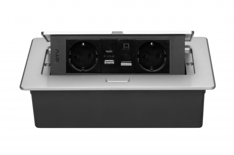 Tomada para móveis MULTISOFT, 2xSCHUKO, USB A+C, RJ45, cabo 1,5 m, alumínio