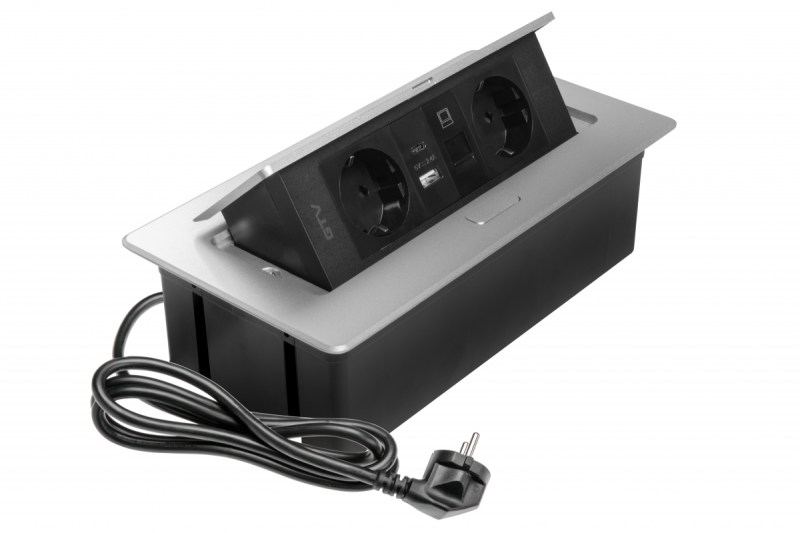 Tomada para móveis MULTISOFT, 2xSCHUKO, USB A+C, RJ45, cabo 1,5 m, alumínio