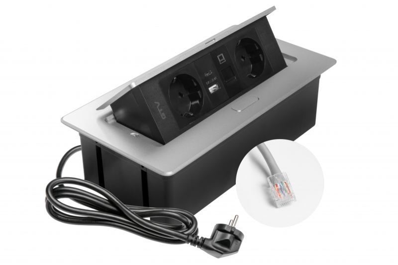 Tomada para móveis MULTISOFT, 2xSCHUKO, USB A+C, RJ45, cabo 1,5 m, alumínio