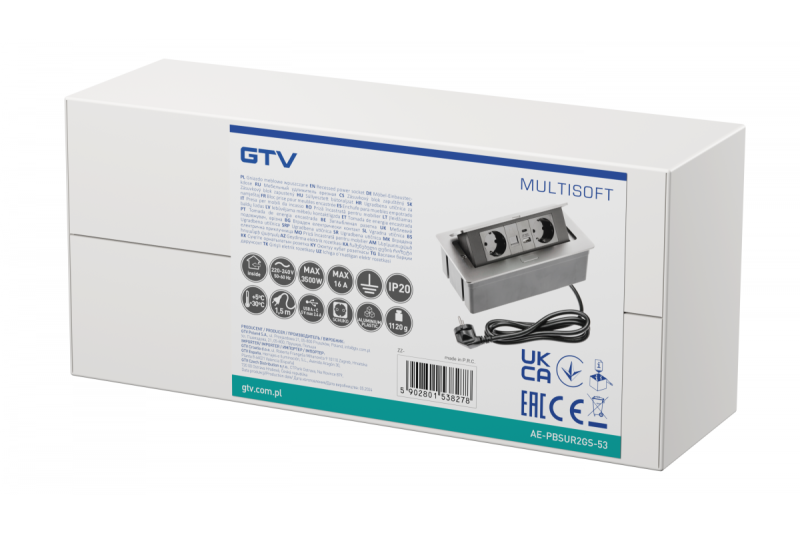 Tomada para móveis MULTISOFT, 2xSCHUKO, USB A+C, RJ45, cabo 1,5 m, alumínio