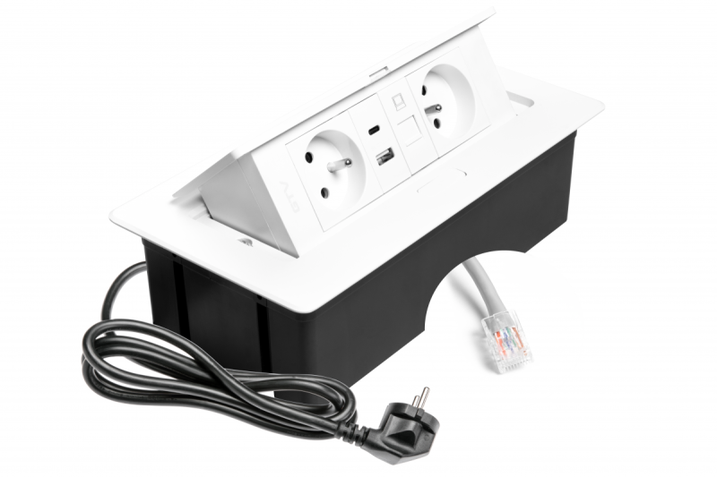Tomada de Móveis MULTISOFT 2x Tomada com Aterramento, USB A+C, RJ45, Cabo de Alimentação com Plugue, Branco