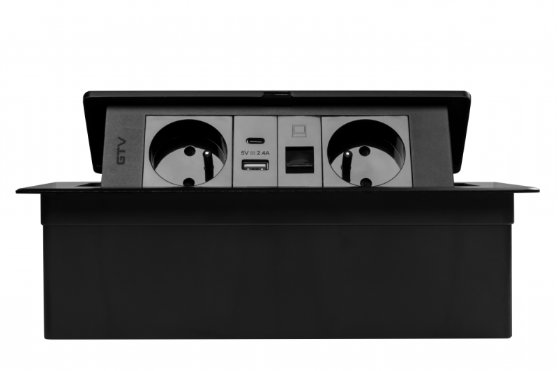 TOMADA DE MÓVEIS MULTISOFT 2x Tomada com Aterramento, USB A+C, RJ45, Cabo de Alimentação com Plugue, Preto