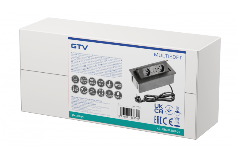 TOMADA DE MÓVEIS MULTISOFT 2x Tomada com Aterramento, USB A+C, RJ45, Cabo de Alimentação com Plugue, Preto