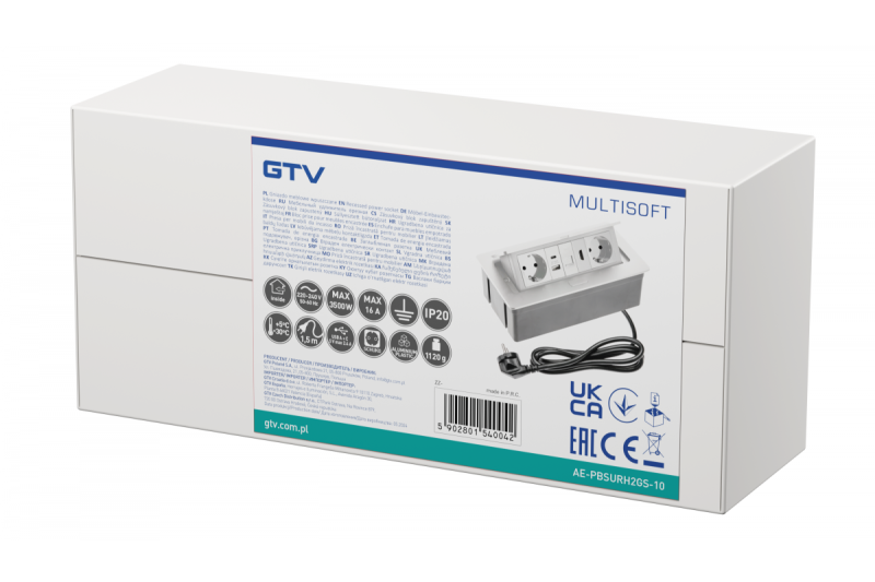 Tomada de mobiliário MULTISOFT, 2xSHUKO, USB A+C, RJ45, HDMI, cabo 1,5 m, branco