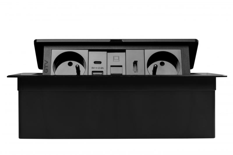 Tomada para móveis MULTISOFT, 2xSCHUKO, USB A+C, RJ45, cabo HDMI 1,5 m, preto