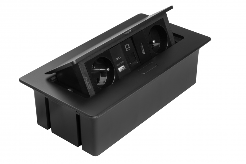 Tomada para móveis MULTISOFT, 2xSCHUKO, USB A+C, RJ45, cabo HDMI 1,5 m, preto