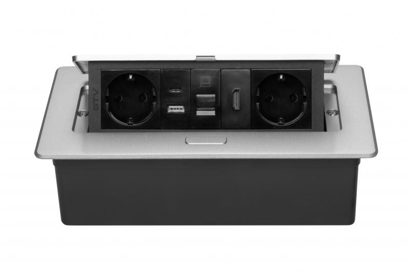 Tomada de mobiliário MULTISOFT, 2xSCHUKO, USB A+C, RJ45, cabo HDMI 1.5 m, alumínio