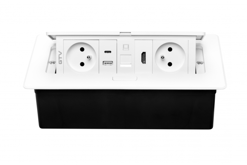 Tomada de Móveis MULTISOFT 2x Tomada com Aterramento, USB A+C, RJ45, HDMI, Cabo de Alimentação com Plugue, Branco