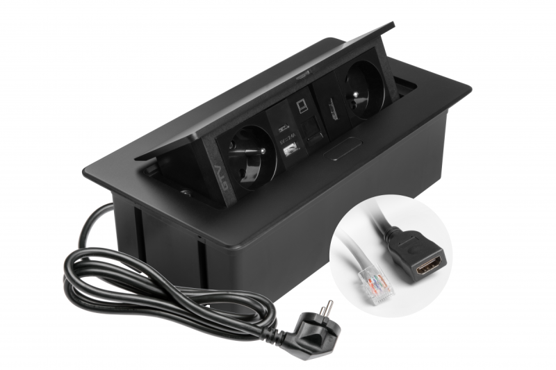 MULTISOFT tomada para móveis 2x Tomada com Aterramento, USB A+C, RJ45, HDMI, Cabo de Alimentação com Plugue, Preto